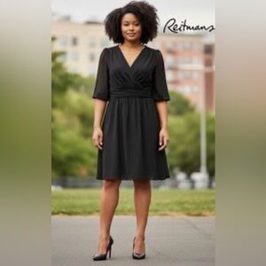 Reitman’s Women’s Black Flowy V-Neck Dress, Size Medium, 3/4 Sleeve, Classic